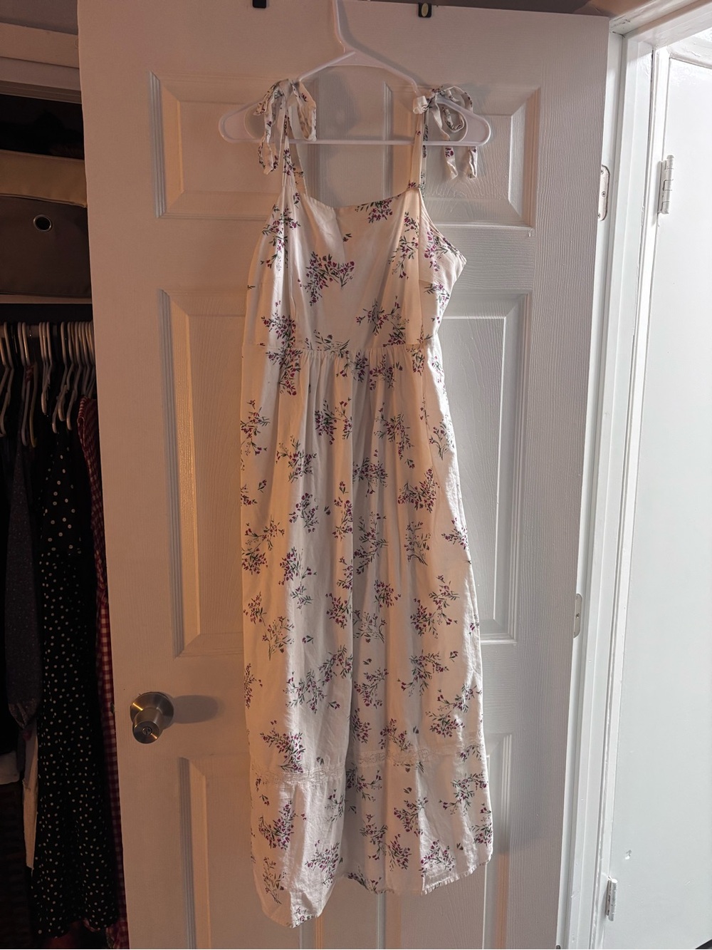 White Floral Tie-Strap Midi Dress
